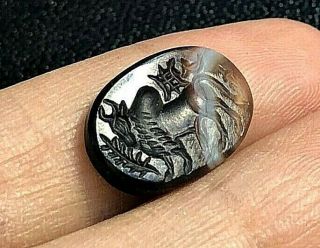 Ancient Agate Intaglio Wild Bison Bull With Hawk On The Back Stone Signet Seal