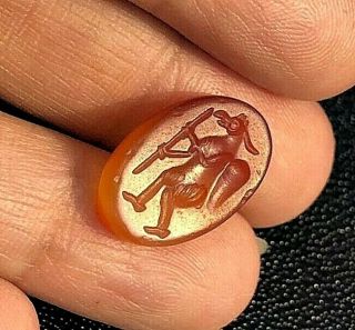 Ancient Carnelian Intaglio Buffalo With Wings Head Knight Holding Spear Stamp