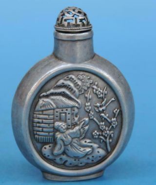 Old Chinese Cooper - Plating Silver Hand - Carved Figure Snuff Bottle/r A02