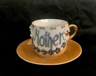 Vintage German Lusterware Tea Cup And Saucer Decorated W/flowers & Word " Mother "