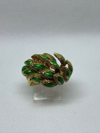 Ladies Vintage 18k Green Enamel Leaf Dome Ring Wear Not Scrap Heavy