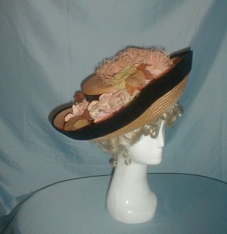 Antique Hat Huge Brim 1912 Edwardian Straw And Velvet Hat