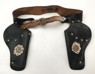 Texan Cowboy Cap Gun Holster Set Belt Vintage Leather Metal Buckle Studded
