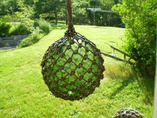 Old Vintage Large 12 " Green Glass Japanese Fishing Float With Rope Net & Loop
