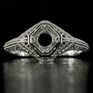Art Deco Platinum Filigree Engagement Ring Setting Round Cushion Vintage 5mm 1/2