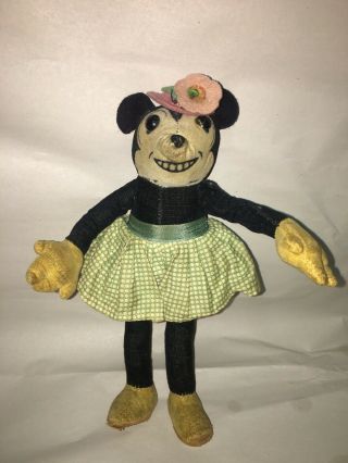 Rare Vintage Dean’s Rag Book Minnie Mouse Doll / Bear With Hat And Flower