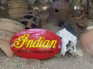 " Indian Motorcycle " 16 " X20 " Oval Convex Vintage Steel Porcelain Sign.