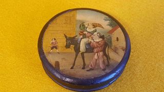 Amusing 1800s Generous Black Lacquer Ware Snuff Box H/p Cartoon Scene