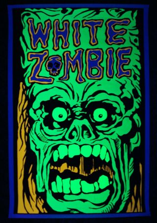 Vintage Velvet White Zombie Blacklight Poster Green Monster Face Funky 1993 Nos
