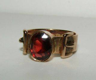 , Antique Victorian 9 Ct Gold Double Buckle Ring With Fine Garnet