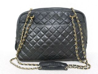 Ra5825 Auth Vintage Chanel Black Quilted Lambskin Large Chain Shopper Tote Bag