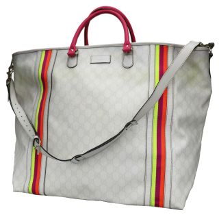 Gucci Gg Plus Web Stripe Travel Boston Bag White Pvc Leather Vintage Auth R598