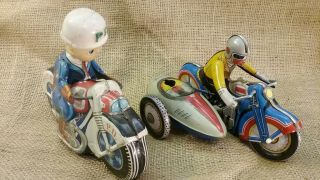 Vintage Tin Litho Key Windup W/side Car And Police Friction Motorcycle Pair