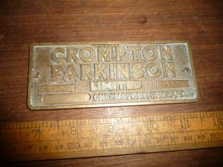 Crompton Parkinson Brass Makers Plaque Dated 1957.  Electric Motor Manufacturers