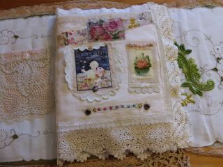 Large collage fabric book with storage pockets album and separate doily cover 5