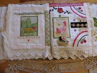 Large collage fabric book with storage pockets album and separate doily cover 6