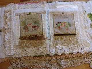 Large collage fabric book with storage pockets album and separate doily cover 8