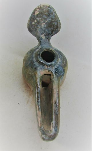 FINEST CIRCA 1200 - 1500AD ANCIENT ISLAMIC GLAZED SELJUK EMPIRE OIL LAMP W/ HANDL 2