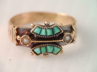Antique 1887 Victorian Solid 10k Rose Gold Turquoise & Seed Pearl Ring