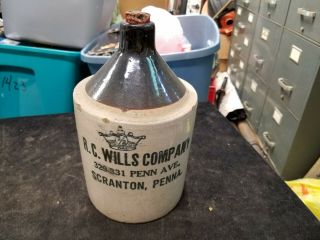 Vintage R.  C.  Wills Co.  Penn Avenue Scranton Pa 1/2 Gallon Whiskey Jug W/ Cork