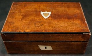 Antique Wooden Trinket Jewelry Dresser Box Mother Of Pearl Lock & Key
