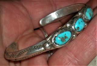 Antique C.  1920 Navajo Coin Silver Ingot Carinated Tri - Turquoise Bracelet Vafo
