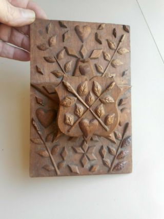 Antique Hand Carved Wall Pocket With Heart Decoration.  Folk Art Cigar Box Lid