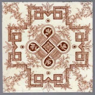 J W Wade & Co - C1891 - Brown Floral Geometric Design - Antique Aesthetic Tile