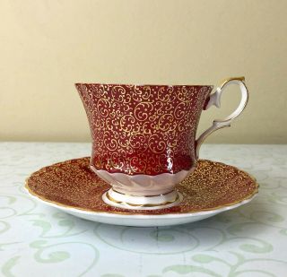 VTG Queen Anne Tea Cup and Saucer Red White Gold Floral Bone China from England 2