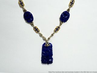 Art Deco 14k Gold Antique Carved Natural Lapis Lazuli Maltese Segment Necklace