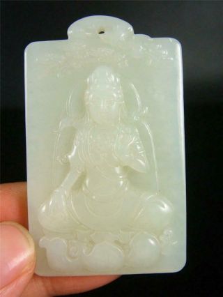 Antique Old Chinese Nephrite White Jade Carve Pendant Netsuke Kwanyin Blessing