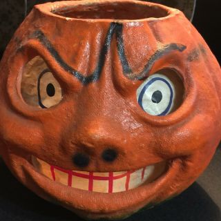 Vintage Halloween Paper Mache Pulp Grinning Pumpkin Jack O Lantern All