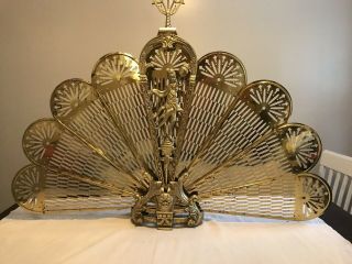 Vintage Antique Ornate Brass Peacock Fireplace Fan Folding Screen Lady Art Deco 2
