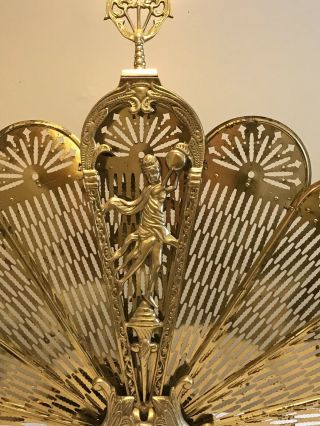 Vintage Antique Ornate Brass Peacock Fireplace Fan Folding Screen Lady Art Deco 3