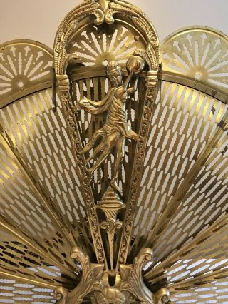 Vintage Antique Ornate Brass Peacock Fireplace Fan Folding Screen Lady Art Deco 4