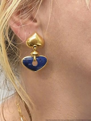 18k Gold Lapis Lazuli Heart Earrings Large Vintage Doorknocker Dangles 14.  2gram 11