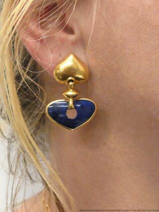 18k Gold Lapis Lazuli Heart Earrings Large Vintage Doorknocker Dangles 14.  2gram 12