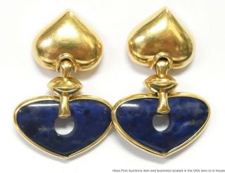 18k Gold Lapis Lazuli Heart Earrings Large Vintage Doorknocker Dangles 14.  2gram