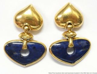 18k Gold Lapis Lazuli Heart Earrings Large Vintage Doorknocker Dangles 14.  2gram 2