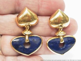 18k Gold Lapis Lazuli Heart Earrings Large Vintage Doorknocker Dangles 14.  2gram 8