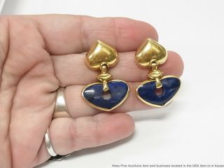 18k Gold Lapis Lazuli Heart Earrings Large Vintage Doorknocker Dangles 14.  2gram 9