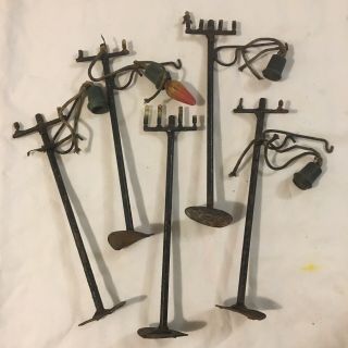 Vtg Antique Toy Train Or Doll House Miniature Cast Iron Street Light Sign Posts