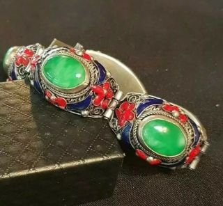 Antique Chinese Sterling Silver Enamel Green Jade Jadeite Carved Bracelet