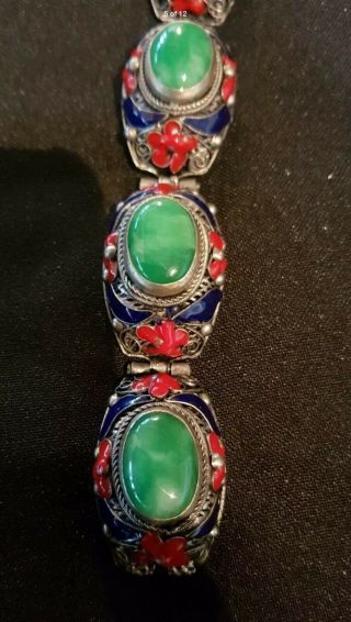Antique Chinese Sterling Silver Enamel Green Jade Jadeite Carved Bracelet 3