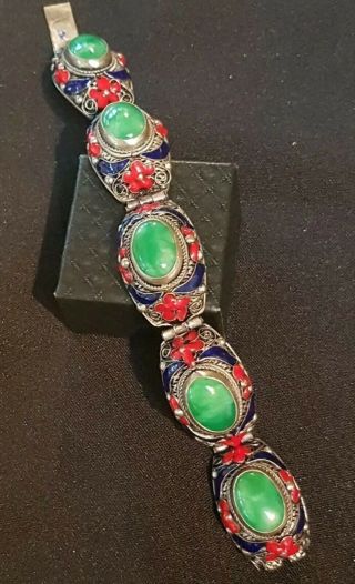 Antique Chinese Sterling Silver Enamel Green Jade Jadeite Carved Bracelet 4