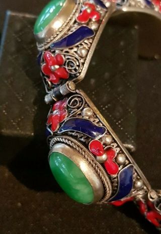 Antique Chinese Sterling Silver Enamel Green Jade Jadeite Carved Bracelet 5