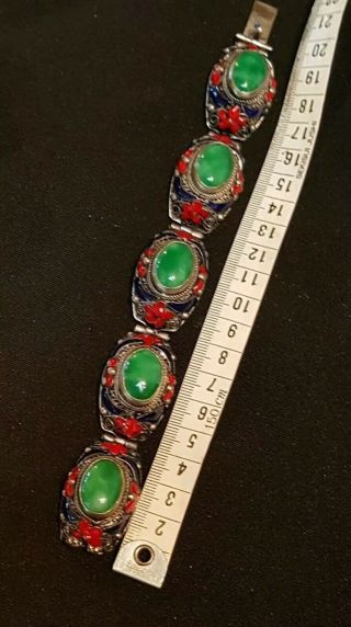 Antique Chinese Sterling Silver Enamel Green Jade Jadeite Carved Bracelet 6