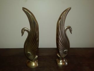 Pair Brass Figures Of Swans,  Art Deco 15 In X 4 In,  1930 Decorative/book Ends