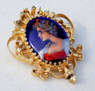 Estate 14k Yellow Gold Hand Painted French Enamel Pendant Or Pin - France Regal