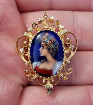 ESTATE 14K YELLOW GOLD HAND PAINTED FRENCH ENAMEL PENDANT OR PIN - FRANCE REGAL 4